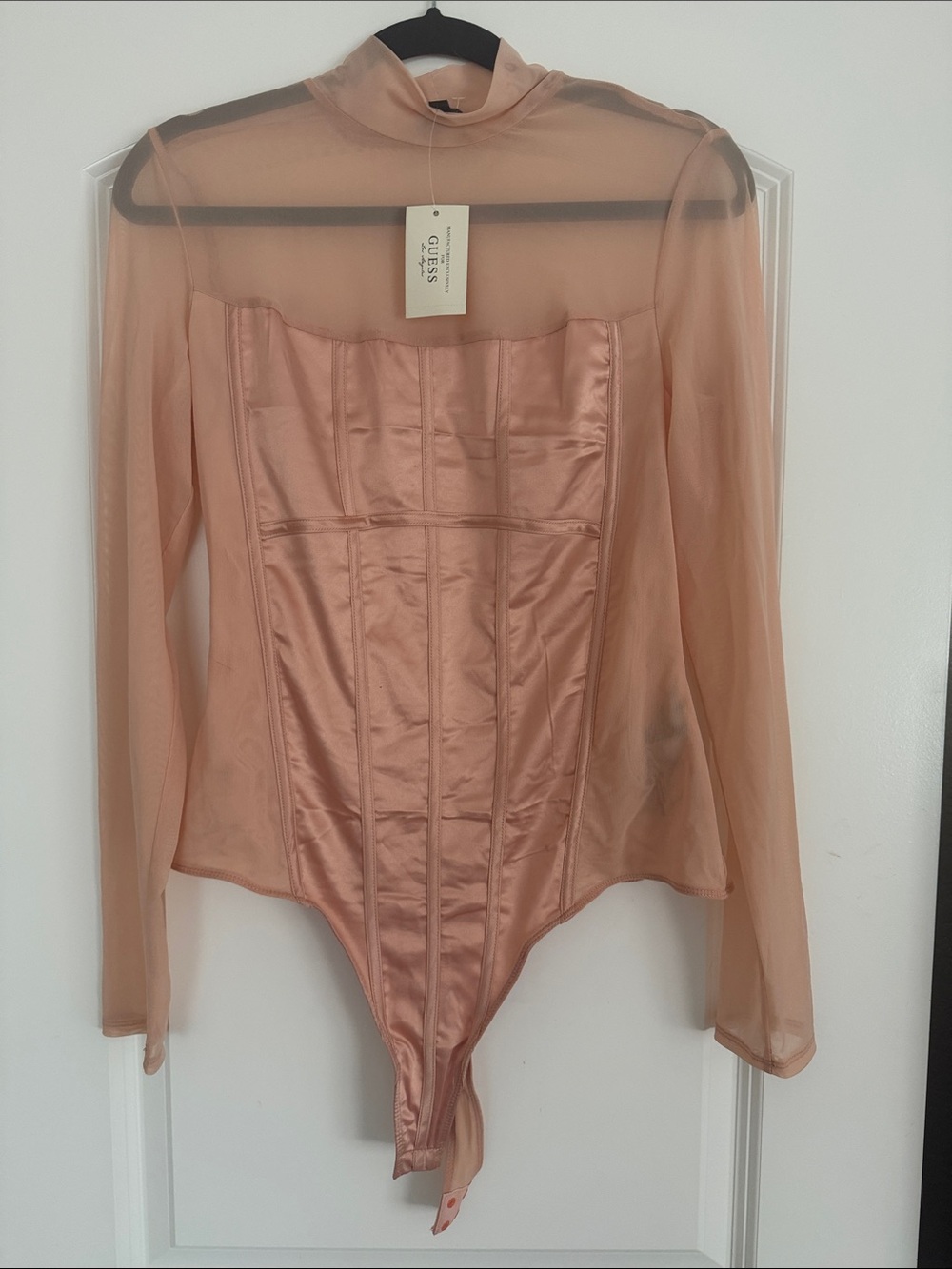 GUESS Satin Corset Bodysuit with Sheer Mock Neck in Blush